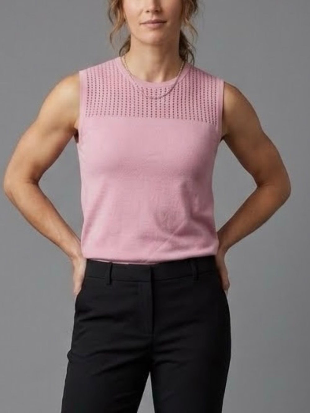 St. John Pink Mauve Sleeveless Knit Sweater Shell Top Textured Crew Neck Sz S